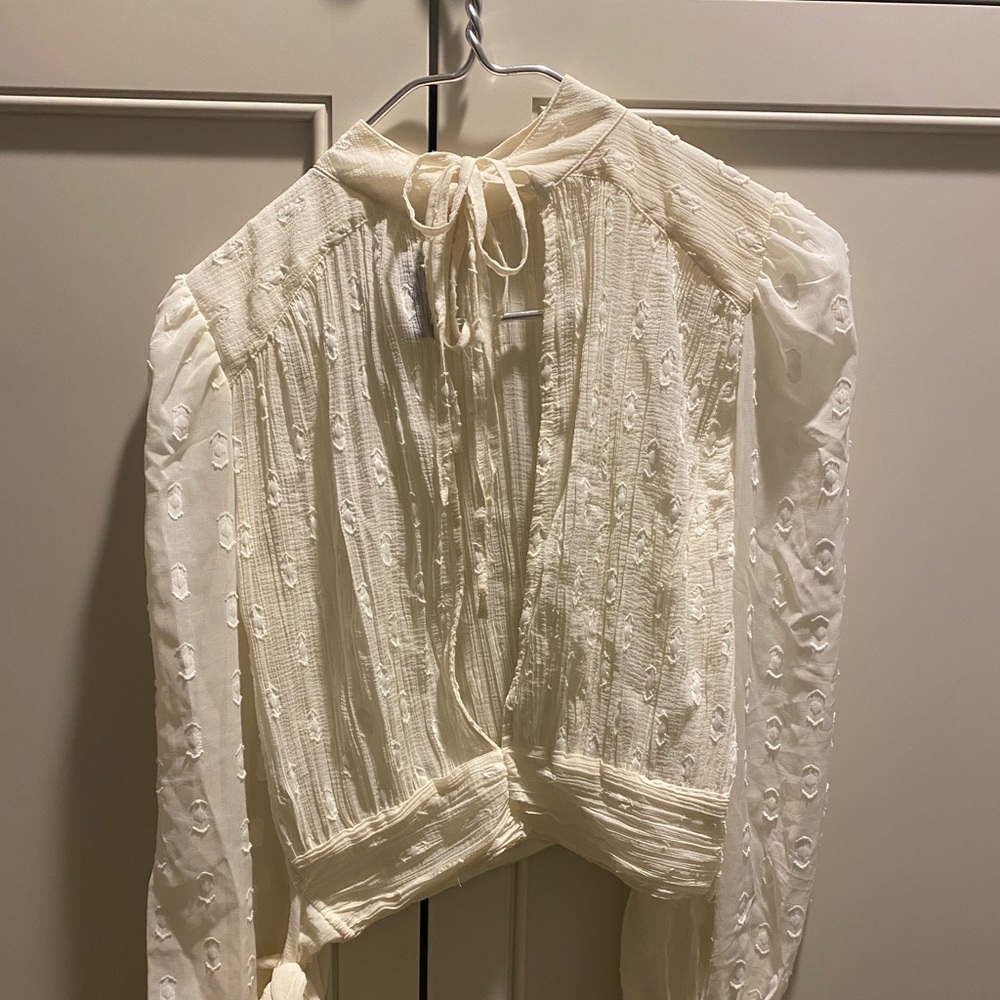 ASOS sheer polka dot lace off white ivory long sleeve blouse top XS extra small